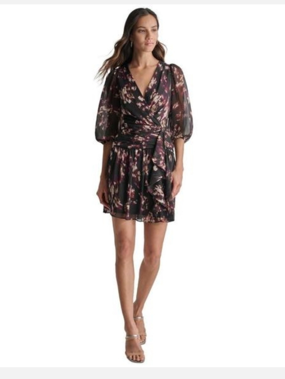 DKNY Women Black Floral Long-Sleeve Asymmetric-Ruffle A-Line Dress Sz 4 NWT